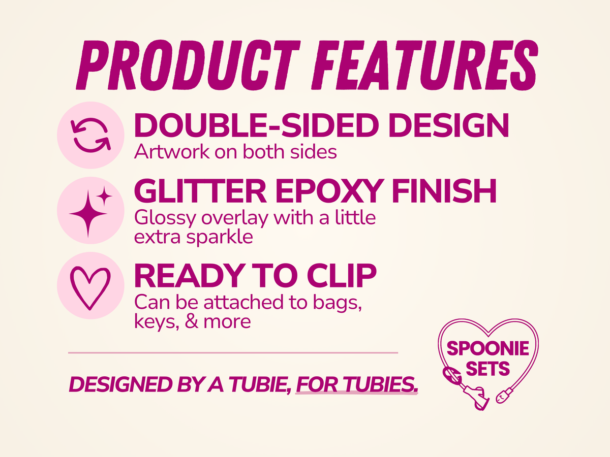 Product features infographic in pink text on a light cream background, detailing double-sided design, glitter epoxy finish, and ready-to-clip functionality.