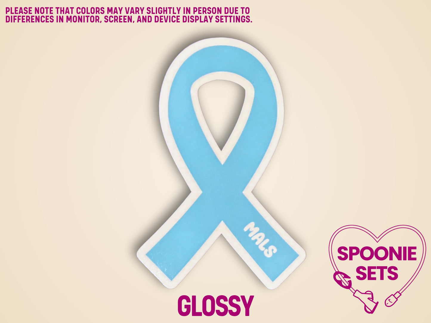 Glossy blue MALS awareness ribbon sticker, approximately 2"x3", with white border.