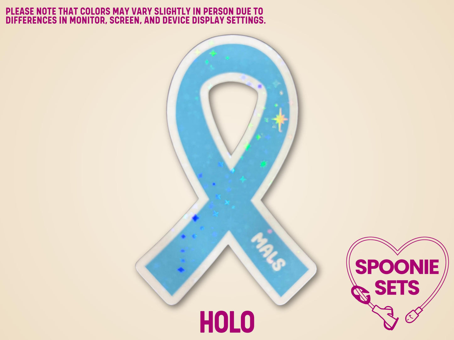 Holographic blue MALS awareness ribbon sticker with "MALS" text, approximately 2"x3".