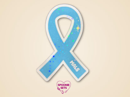 Holographic blue MALS awareness ribbon sticker, approximately 2"x3", with "MALS" text.