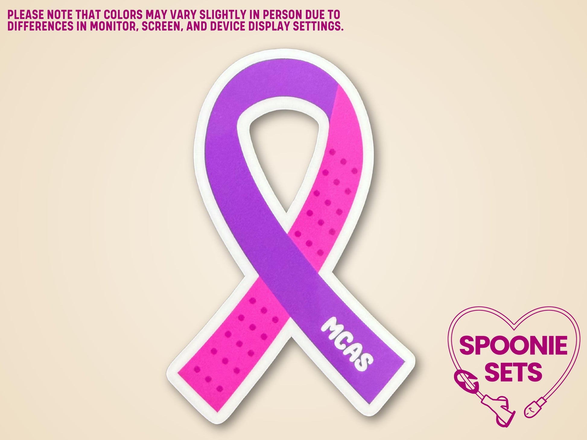 Purple and pink polka dot MCAS awareness ribbon sticker, 2"x3", with "MCAS" text.