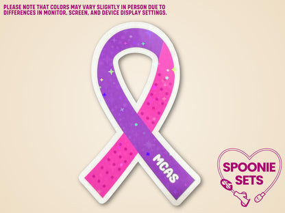 Purple and pink polka dot MCAS awareness ribbon sticker with holographic glitter laminate.