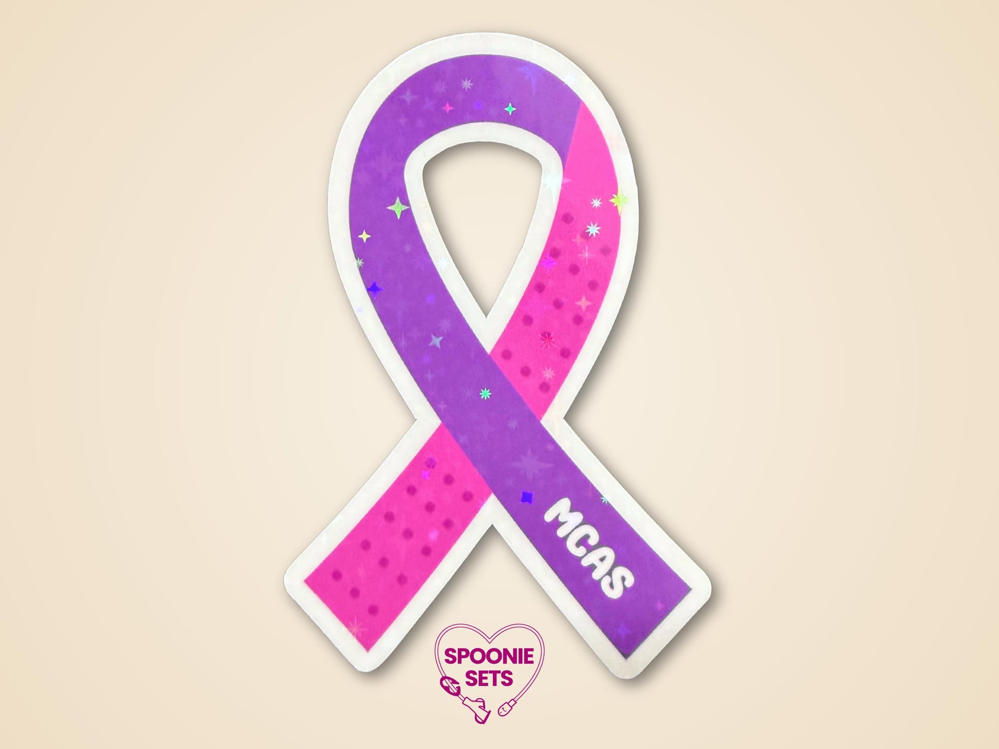 Purple and pink polka dot MCAS awareness ribbon sticker with holographic glitter laminate.