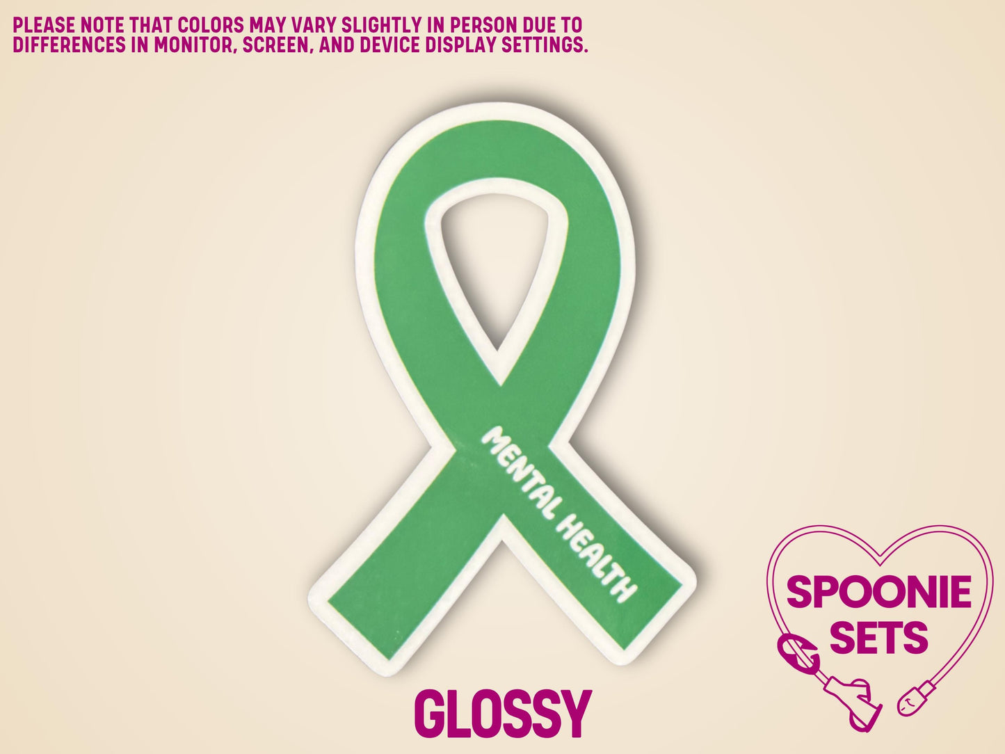 Green ribbon sticker with "MENTAL HEALTH" text, approximately 2"x3", glossy finish.