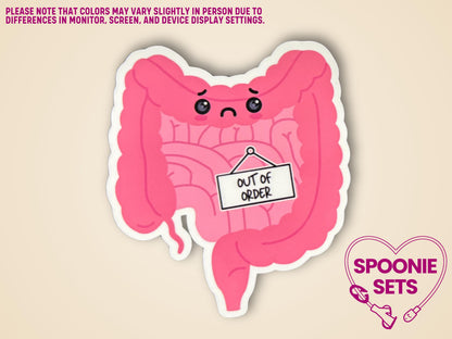 Pink intestines sticker with a frowning face and an "Out of Order" sign.