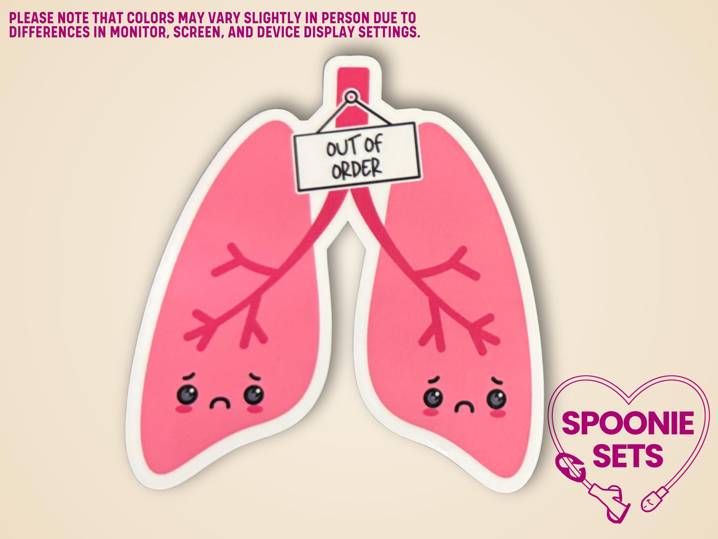 Pink lung sticker with frowning faces and an "Out of Order" sign, 2.8"x3" matte finish.