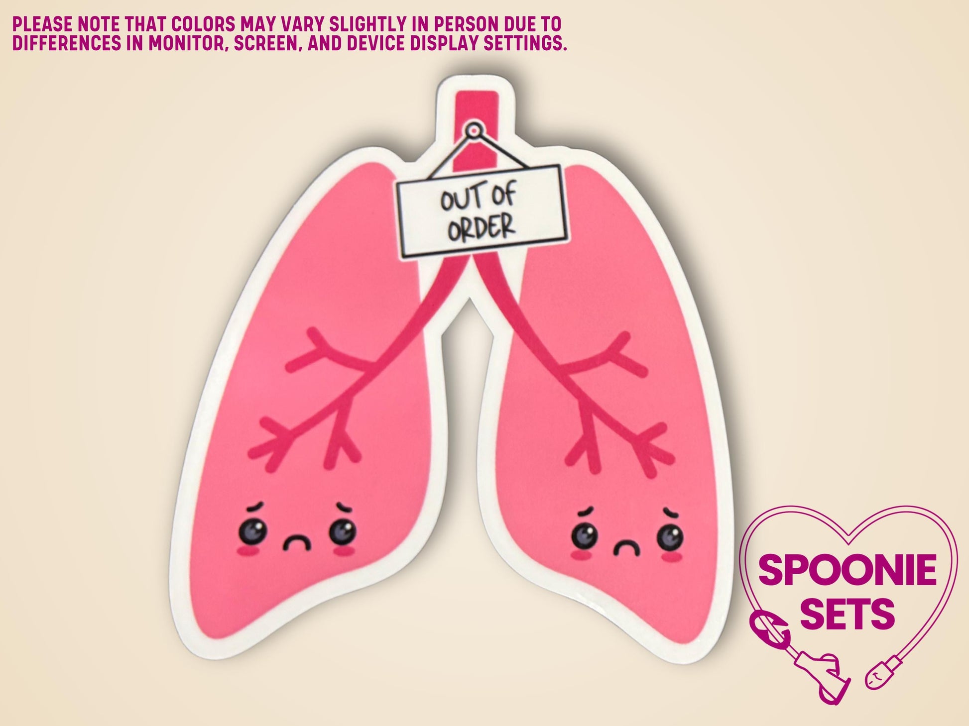 Pink lung sticker with frowning faces and an "Out of Order" sign, 2.8"x3" matte finish.