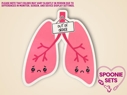 Pink lung sticker with frowning faces and an "Out of Order" sign, 2.8"x3" matte finish.