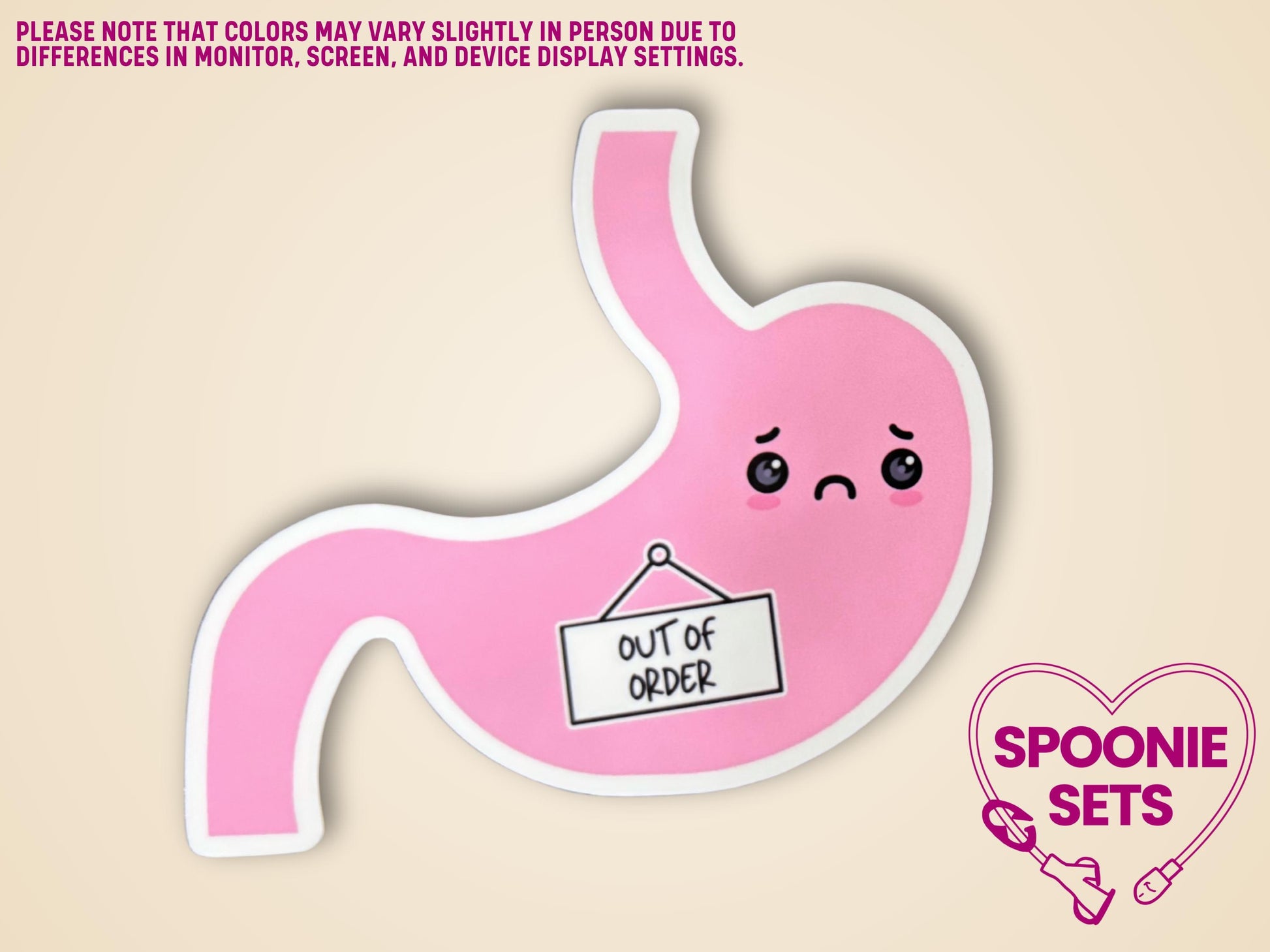 Pink stomach sticker with a frowning face and an "Out of Order" sign, 3.2"x3" matte finish.