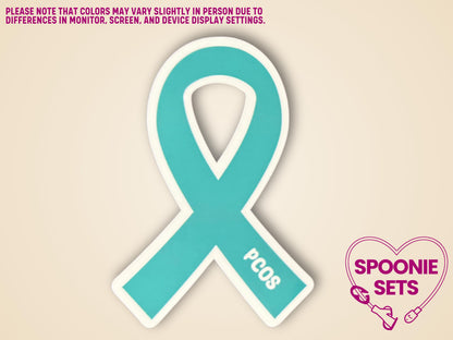 Teal PCOS awareness ribbon sticker with "PCOS" text, approximately 2"x3", with a white border.