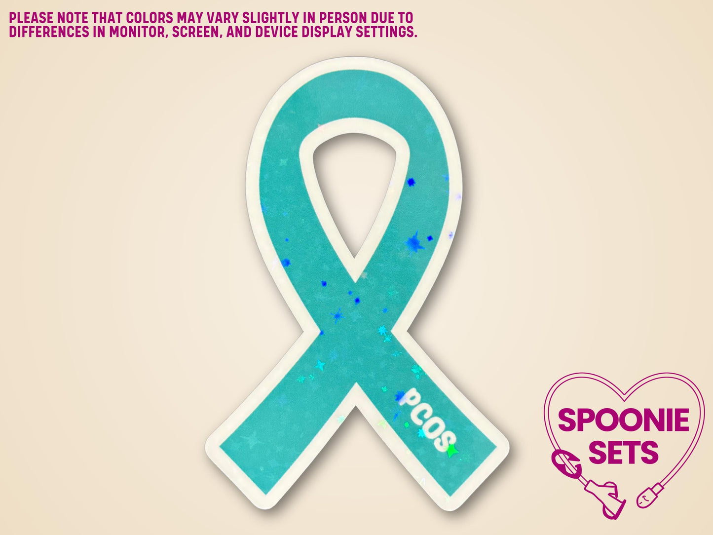 Blue PCOS awareness ribbon sticker with holographic glitter laminate and "PCOS" text.