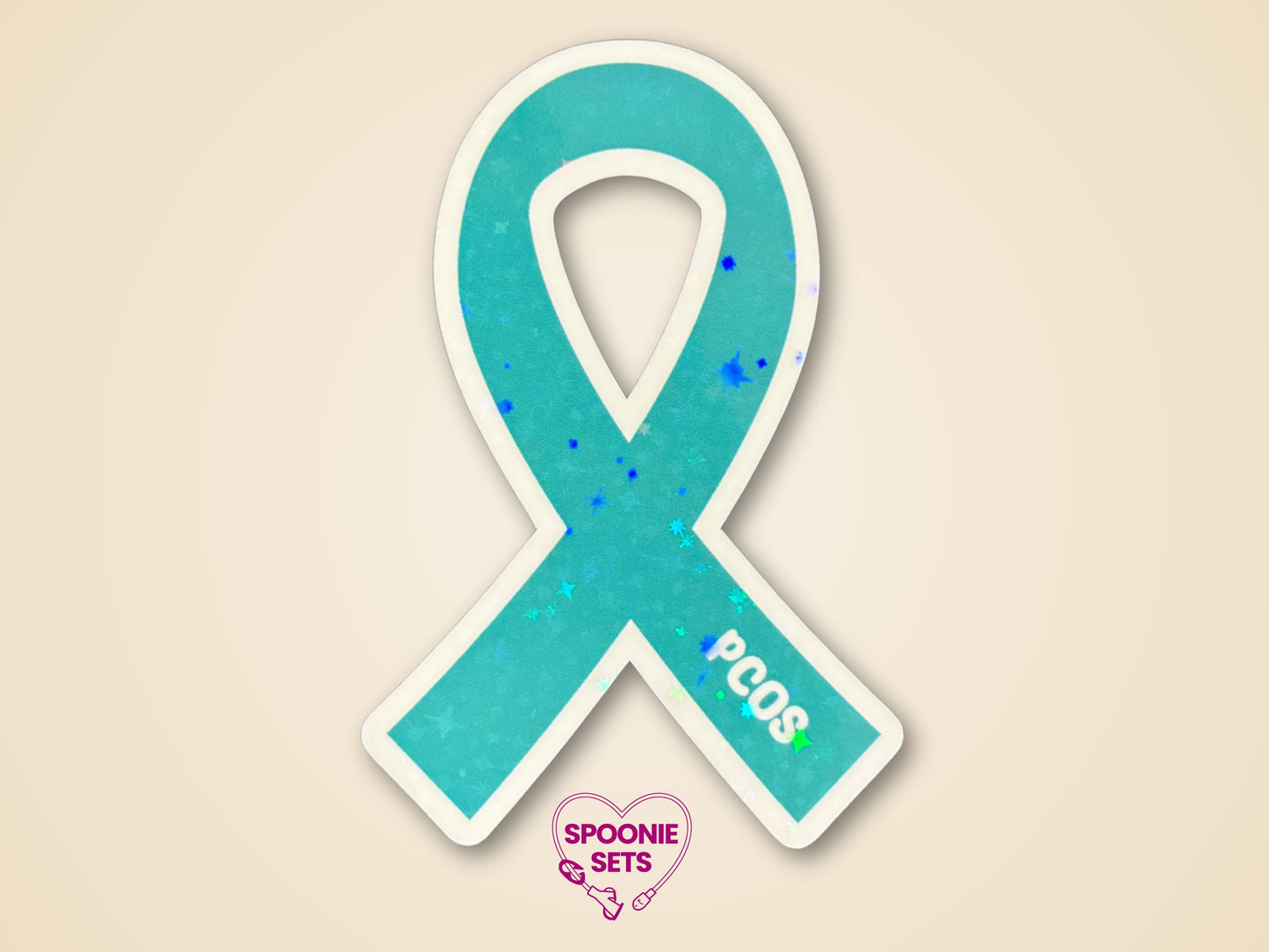 Teal PCOS awareness ribbon sticker with "PCOS" text, holographic glitter finish, and a white border.