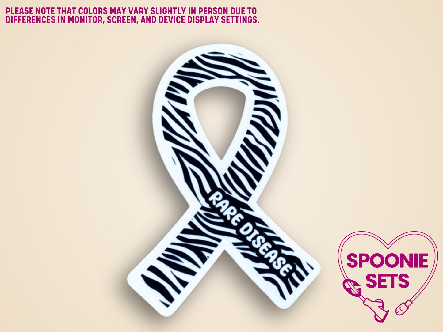Zebra print awareness ribbon sticker with "RARE DISEASE" text, 2"x3" matte finish.