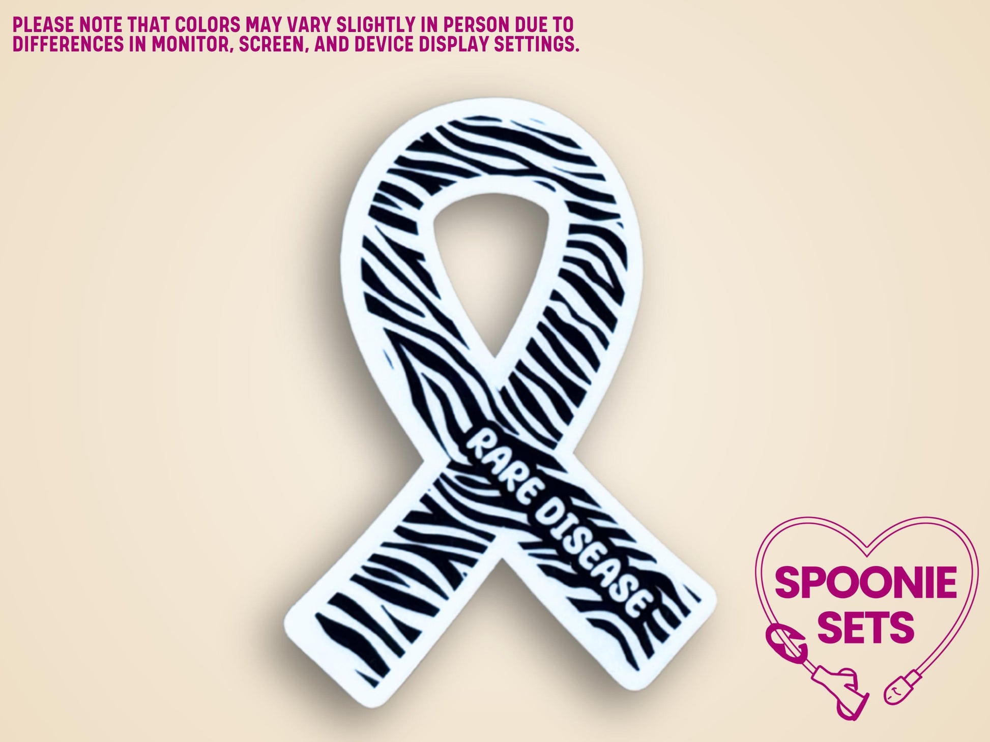 Zebra print awareness ribbon sticker with "RARE DISEASE" text, 2"x3" matte finish.