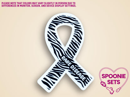 Zebra print awareness ribbon sticker with "RARE DISEASE" text, 2"x3" matte finish.