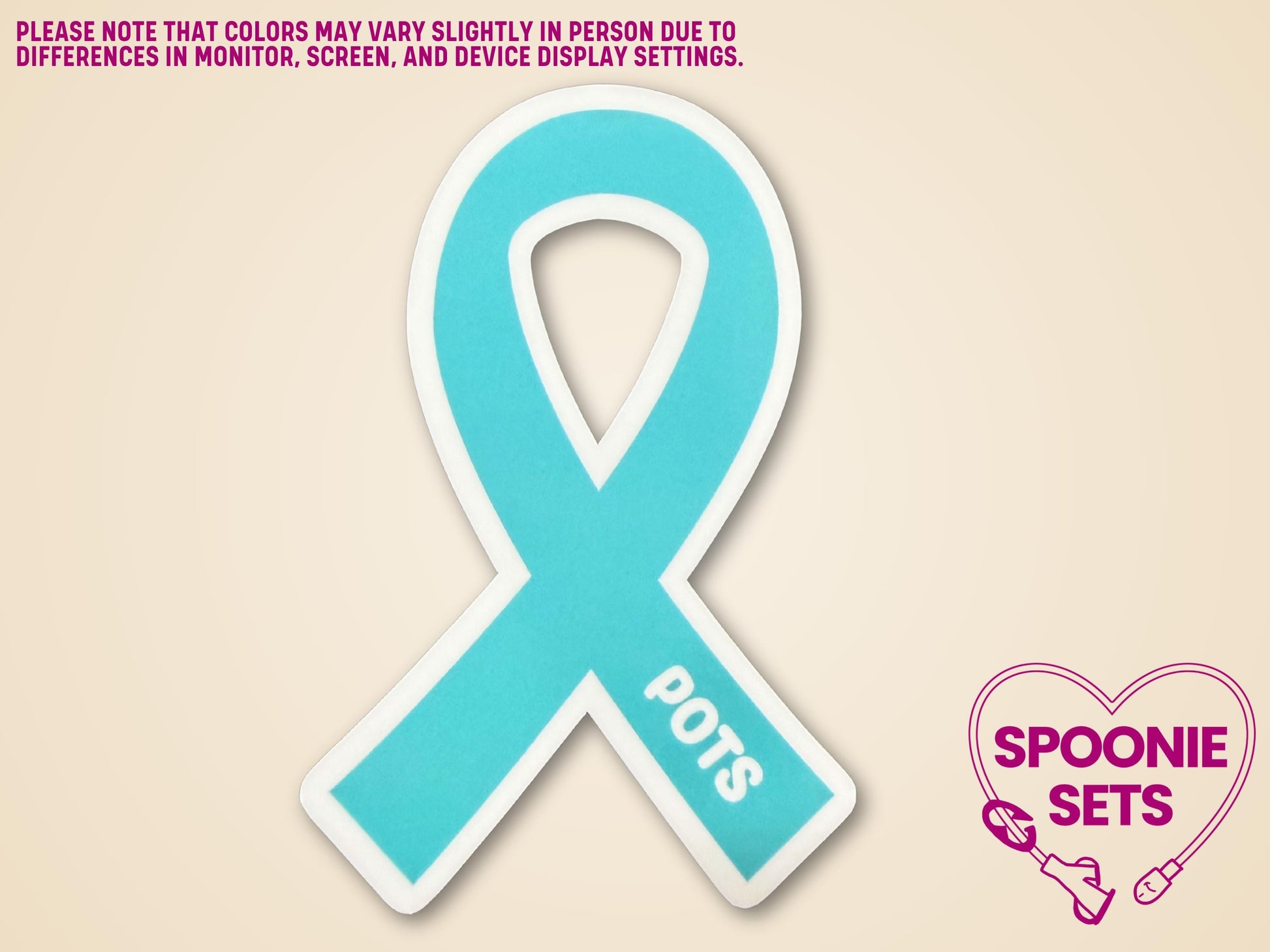 Teal awareness ribbon sticker with "POTS" text, approximately 2"x3", with a white border.
