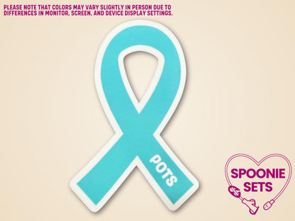 Teal awareness ribbon sticker with "POTS" text, approximately 2"x3", with a white border.