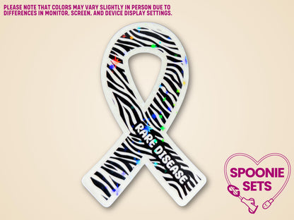 Zebra print awareness ribbon sticker with "Rare Disease" text and holographic glitter laminate.