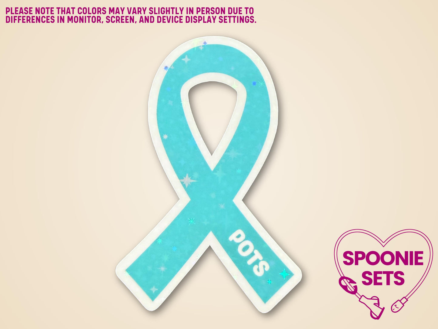 Teal awareness ribbon sticker with "POTS" text and holographic glitter, approximately 2"x3".
