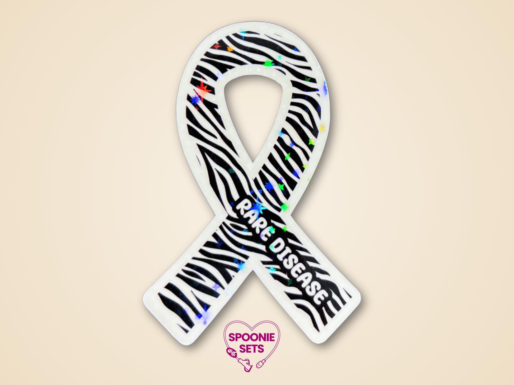Zebra print awareness ribbon sticker with "Rare Disease" text and holographic glitter laminate.