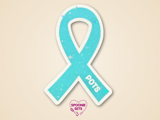 Teal awareness ribbon sticker with "POTS" text, holographic glitter laminate, and white border.