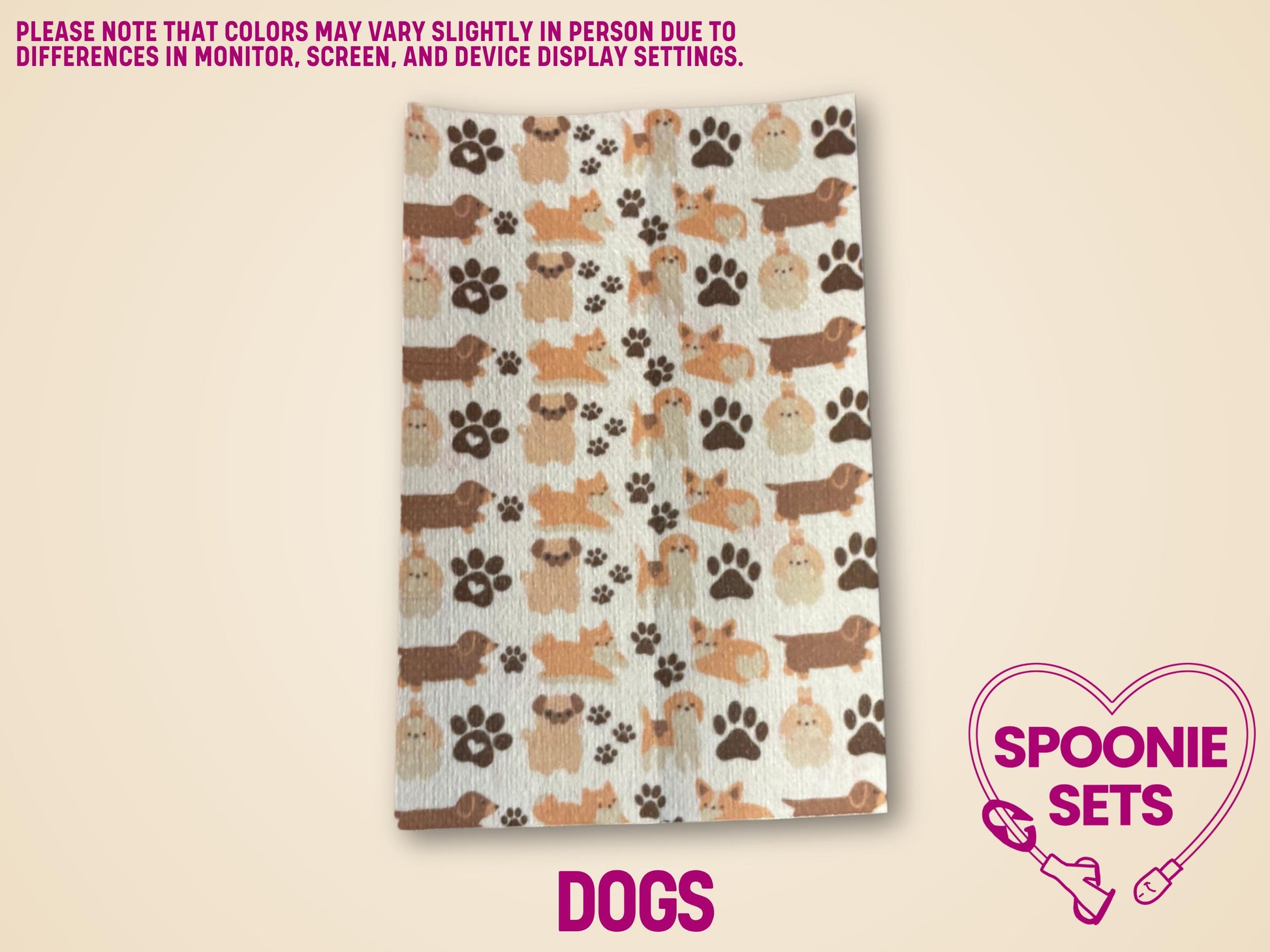 White Hypafix tubie tape sheet with a pattern of brown and tan dogs and paw prints.