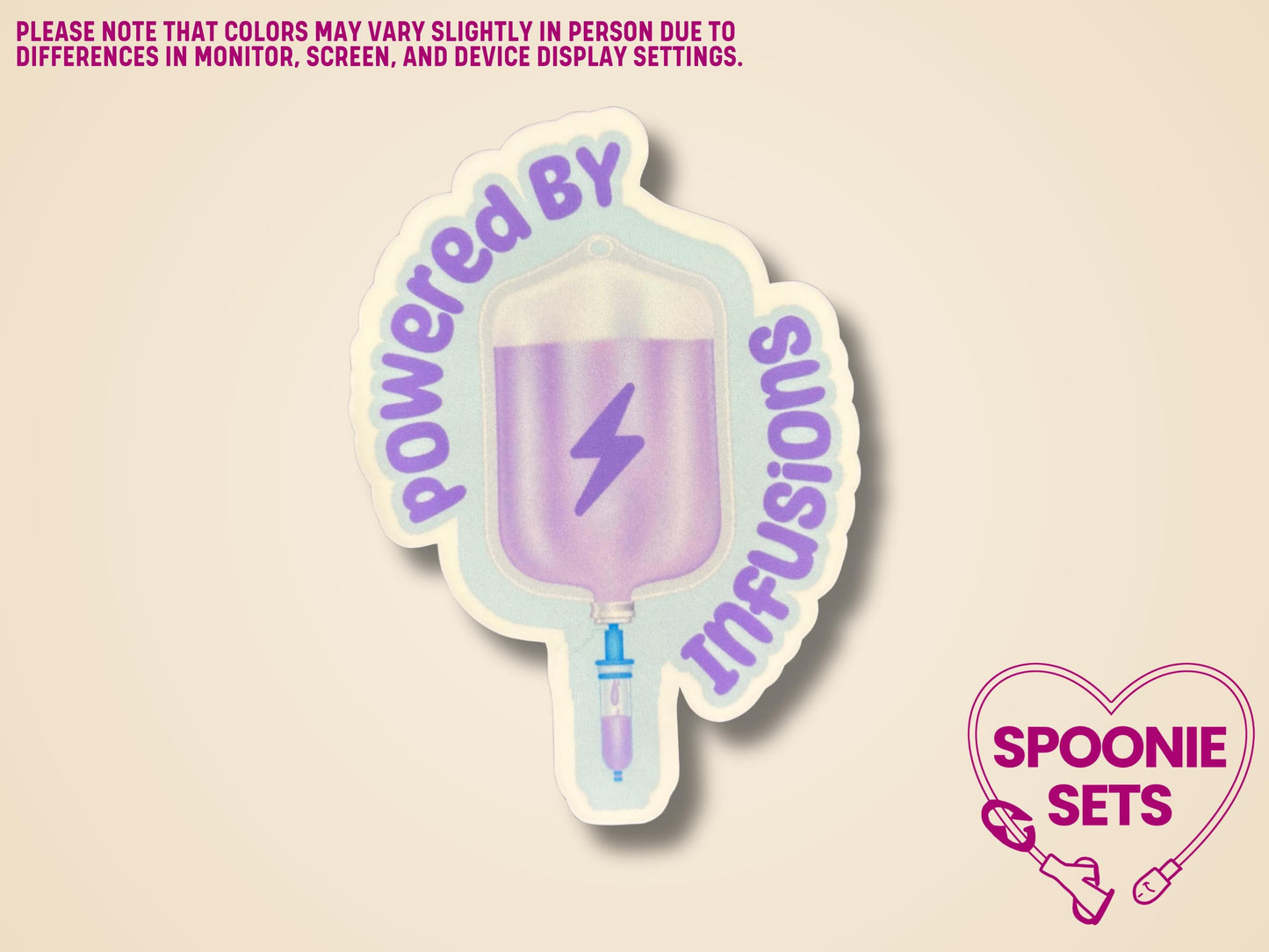 Purple IV fluid bag sticker with "Powered by IV Infusions" text on a light blue background.