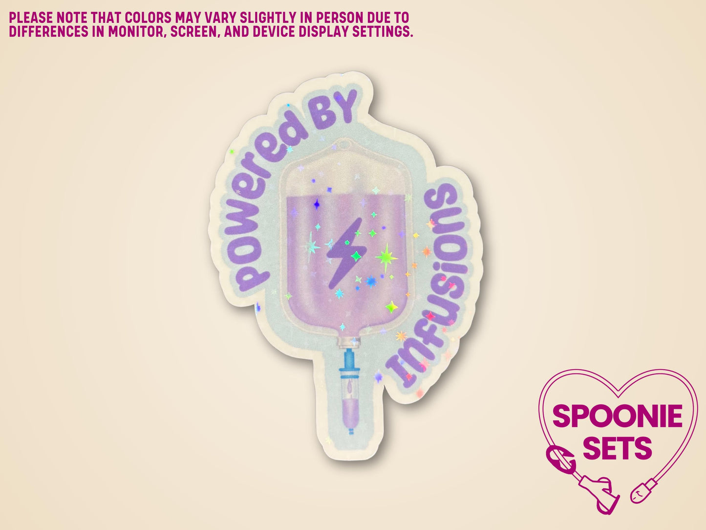 Holographic "Powered by IV Infusions" sticker with a purple IV bag on a blue background.