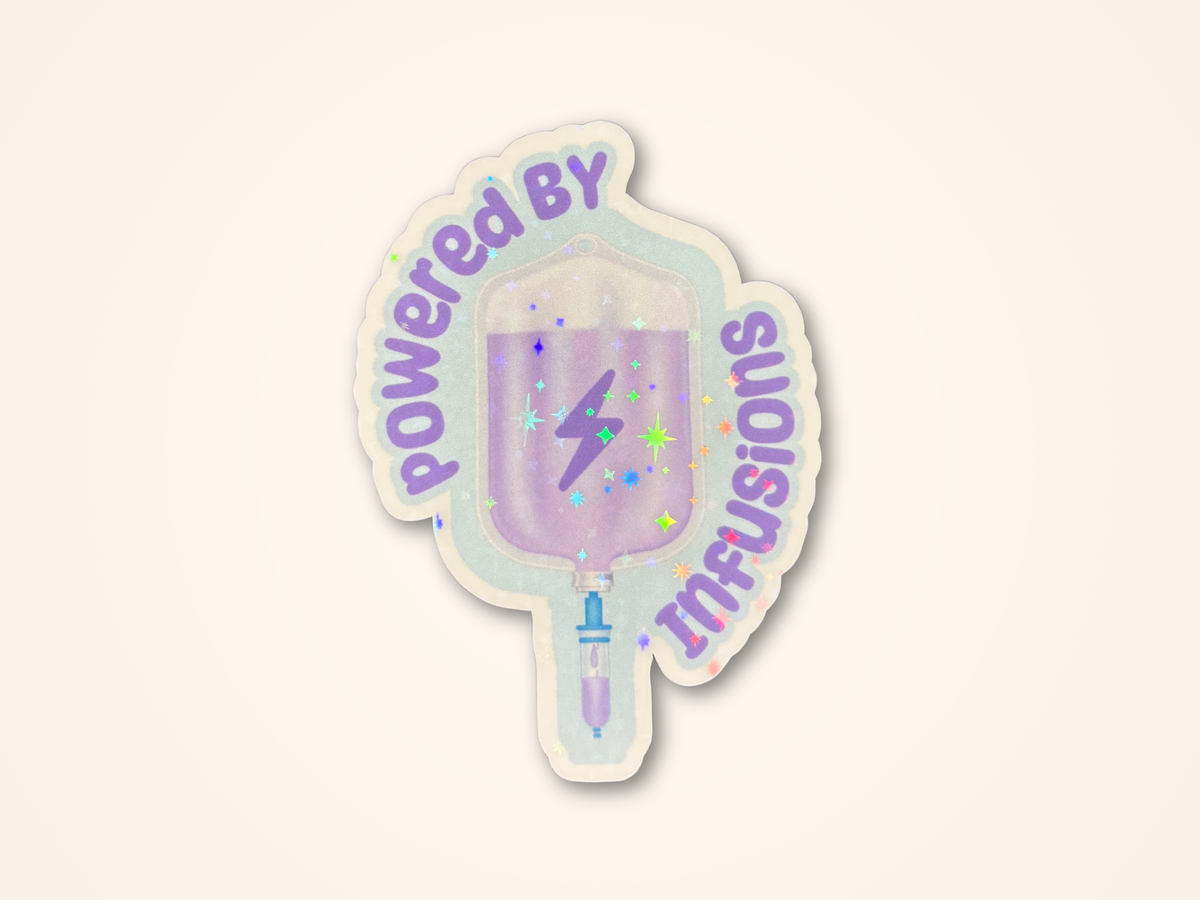 A sticker featuring a stylized IV bag filled with lavender-purple liquid and a lightning bolt, surrounded by the text 'powered by infusions' in purple, on a cream background.