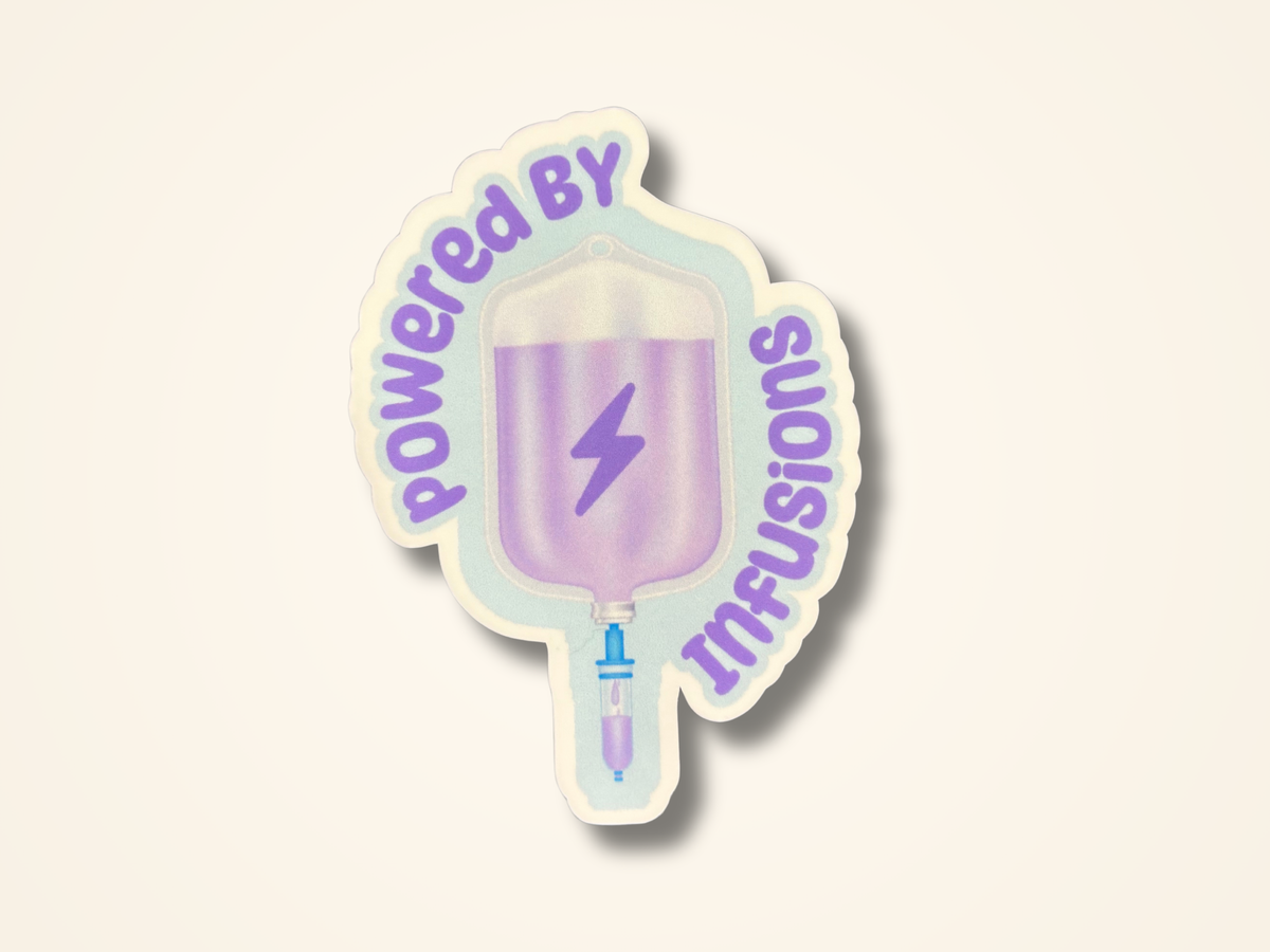 A sticker featuring a stylized IV bag with purple liquid and a lightning bolt, surrounded by the text 'powered by infusions' in purple, shown on a light cream background.