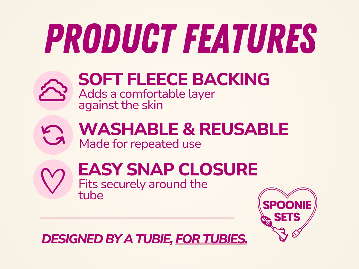 Product features infographic for a reusable tubie pad, highlighting soft fleece backing, washable and reusable design, and easy snap closure on a light cream background.