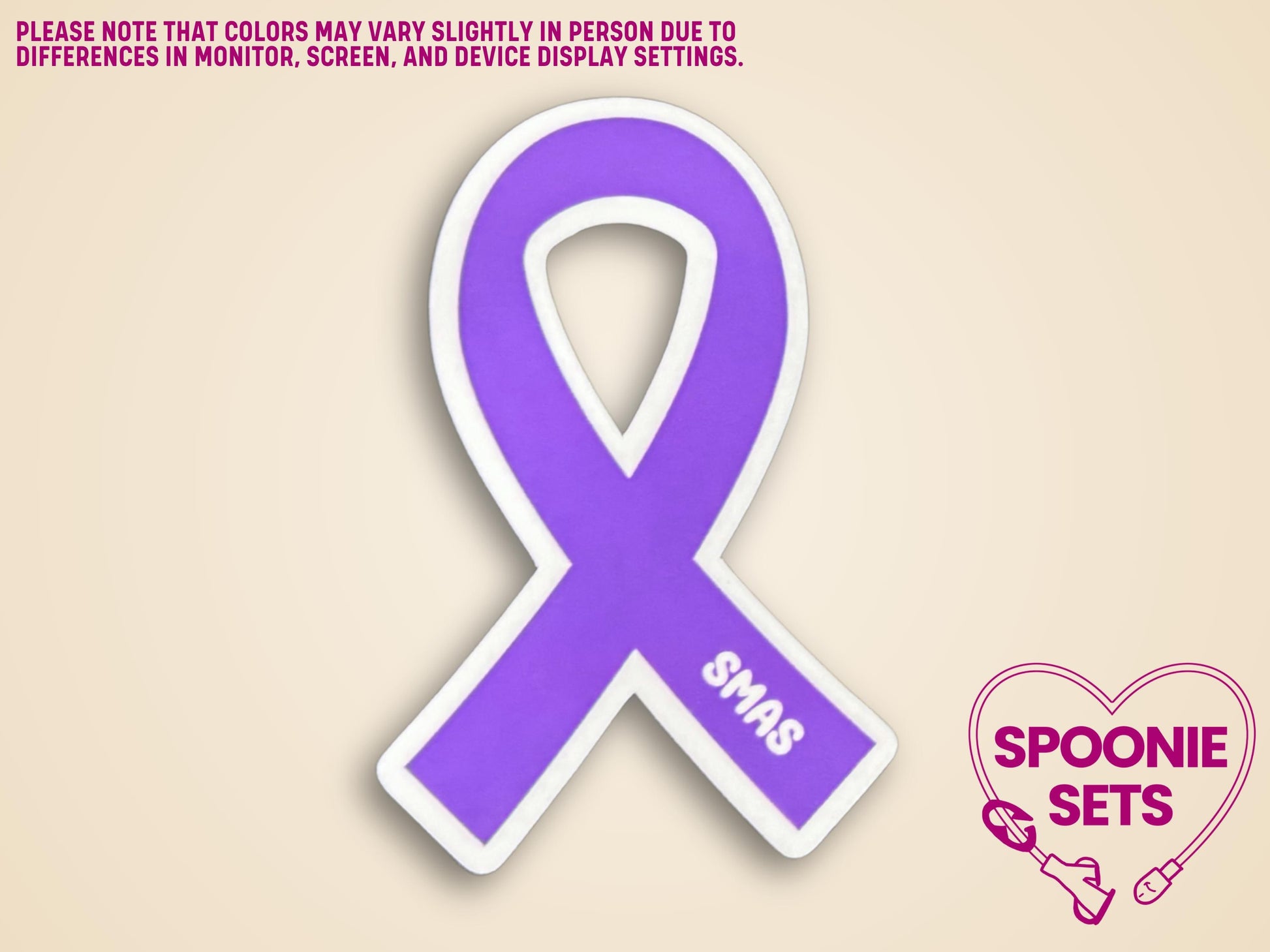 Purple awareness ribbon sticker with "SMAS" text, approximately 2"x3", matte finish with white border.