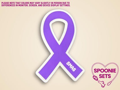Purple awareness ribbon sticker with "SMAS" text, approximately 2"x3", matte finish with white border.