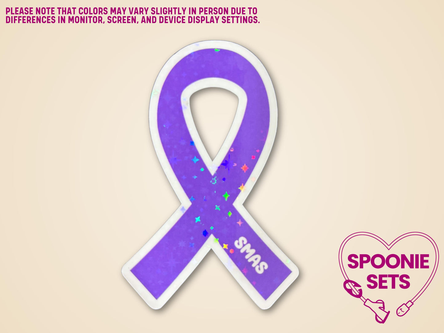 Purple awareness ribbon sticker with "SMAS" text and holographic glitter laminate finish.