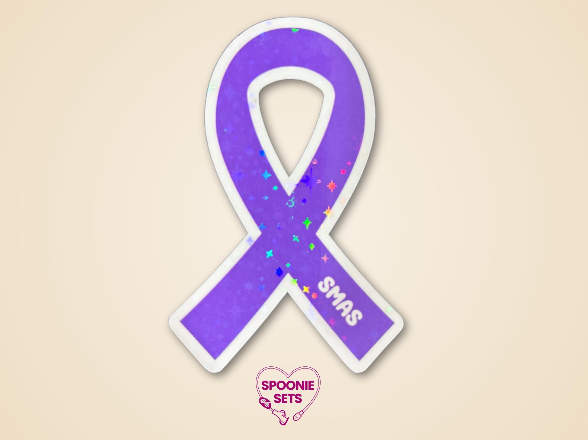 Purple holographic glitter awareness ribbon sticker with "SMAS" text, approximately 2"x3".
