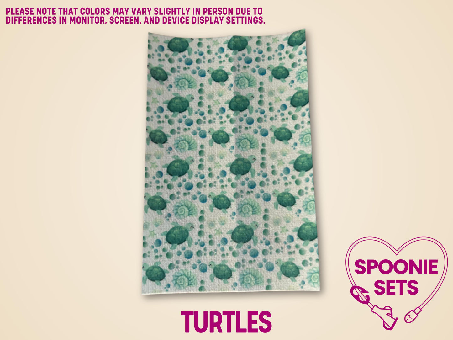 Hypafix tubie tape sheet with a pattern of green turtles and blue bubbles.