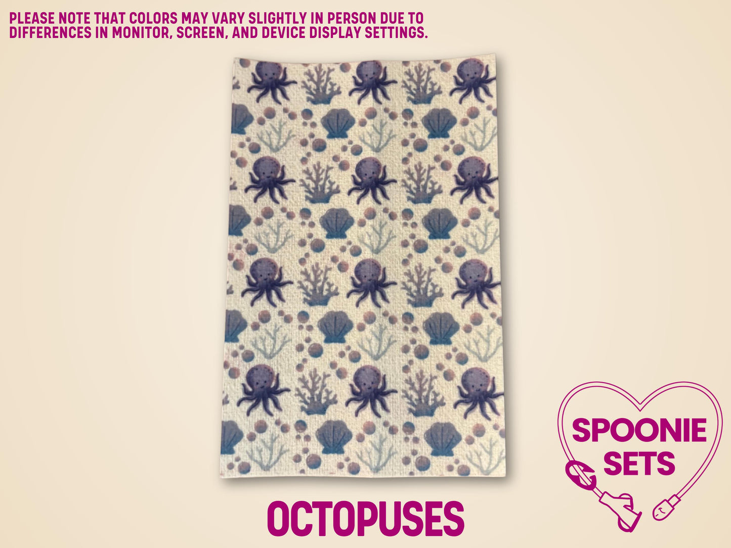 Decorative Hypafix tubie tape sheet with a repeating pattern of purple octopuses, blue seashells, and coral.