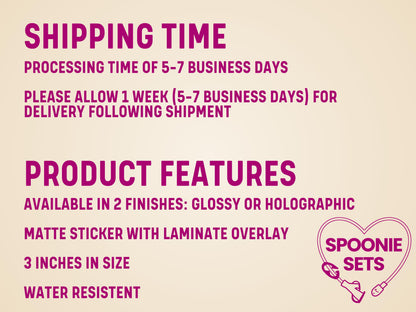 Pink text on a light background detailing shipping time and product features like finishes, size, and water resistance.