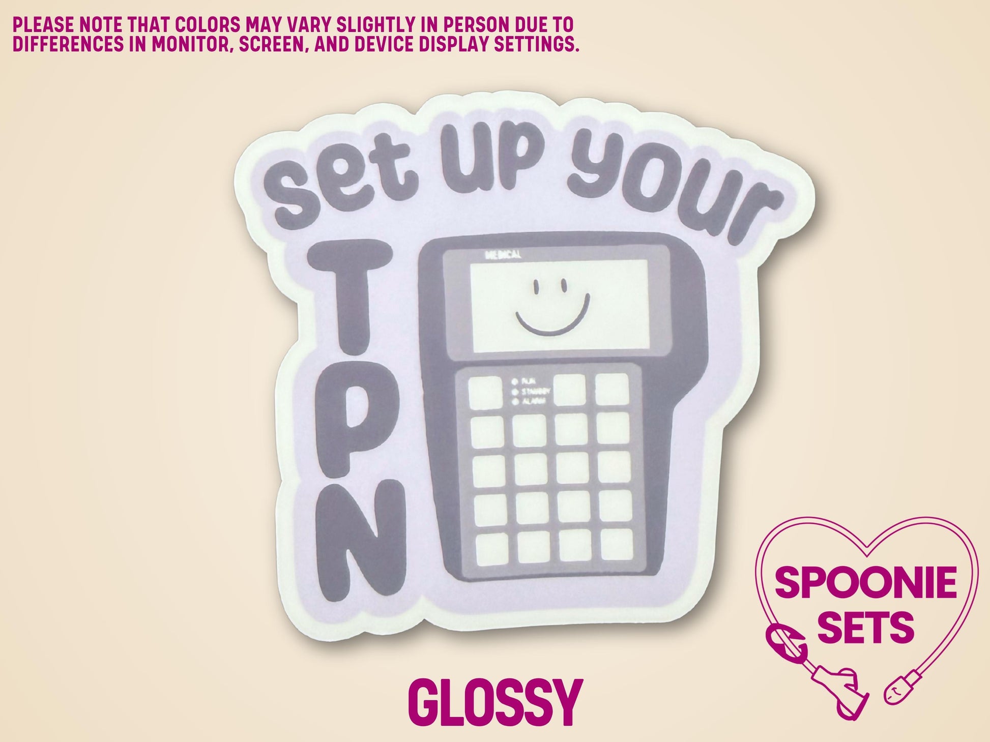 Purple "Set Up Your TPN" sticker with an IV pump design, 3"x2.9", glossy laminate finish.
