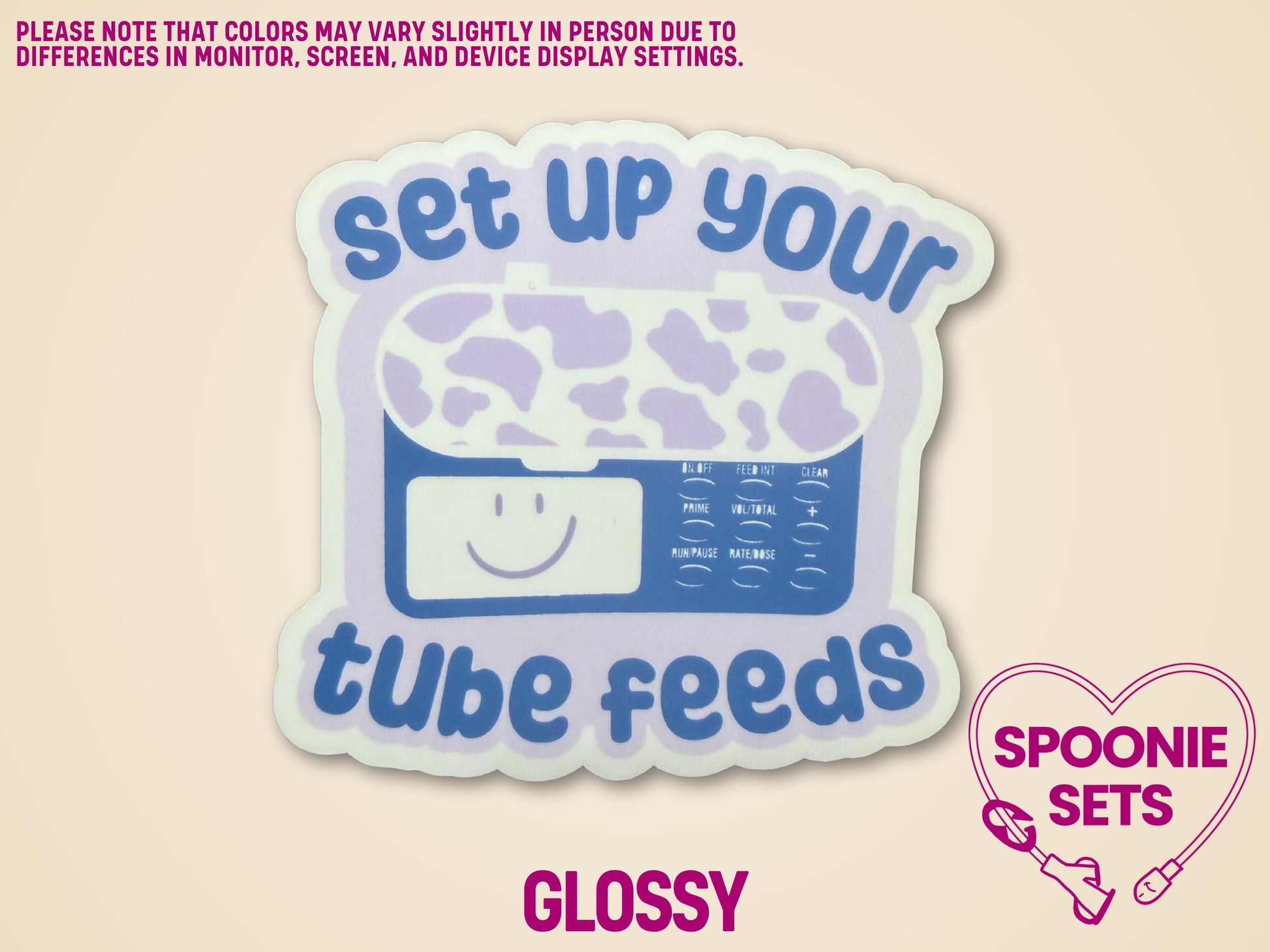Purple and white tube feed pump sticker with "set up your tube feeds" text, glossy finish.
