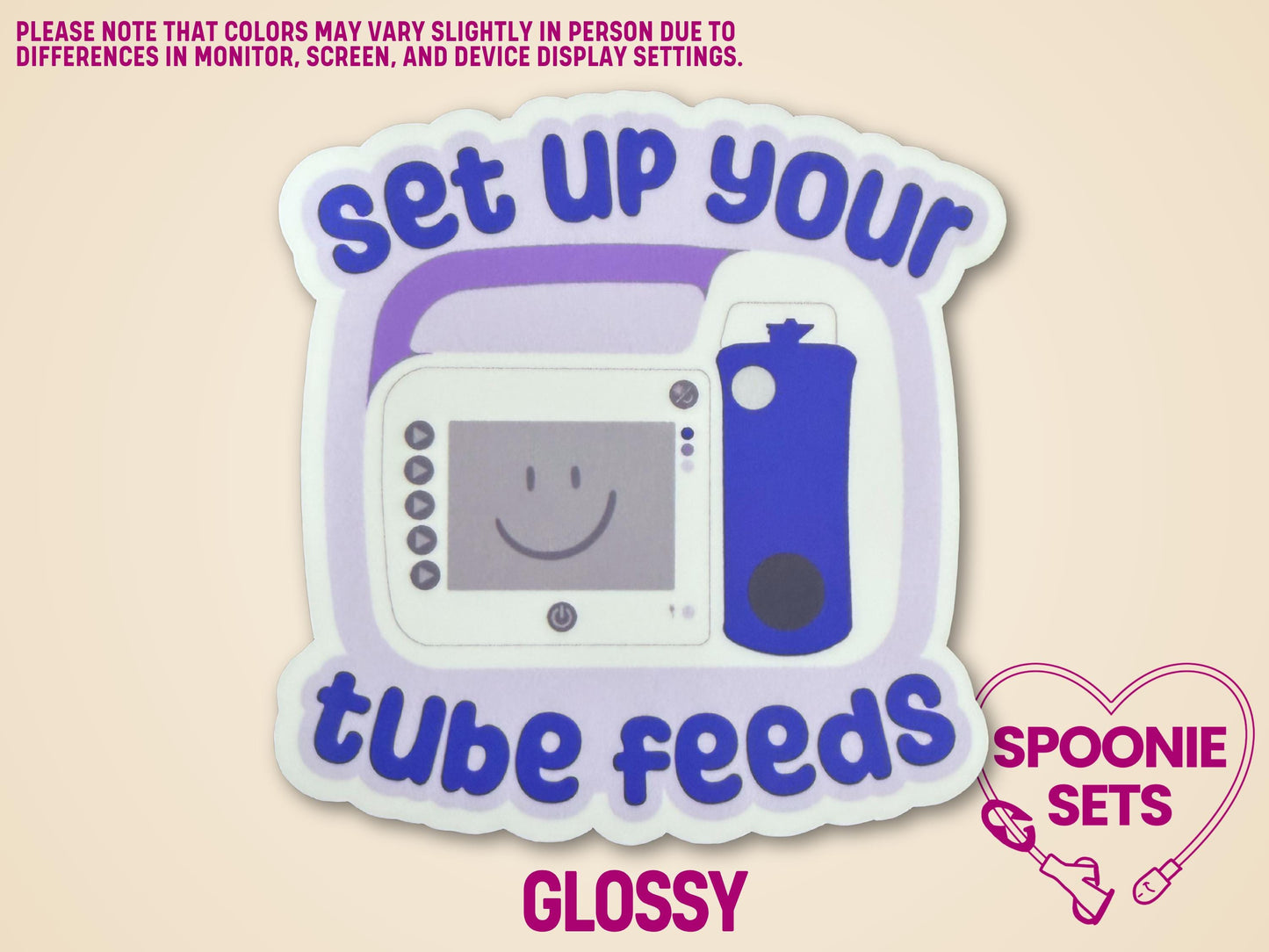Purple and white sticker with a feeding tube pump illustration and "Set Up Your Tube Feeds" text.