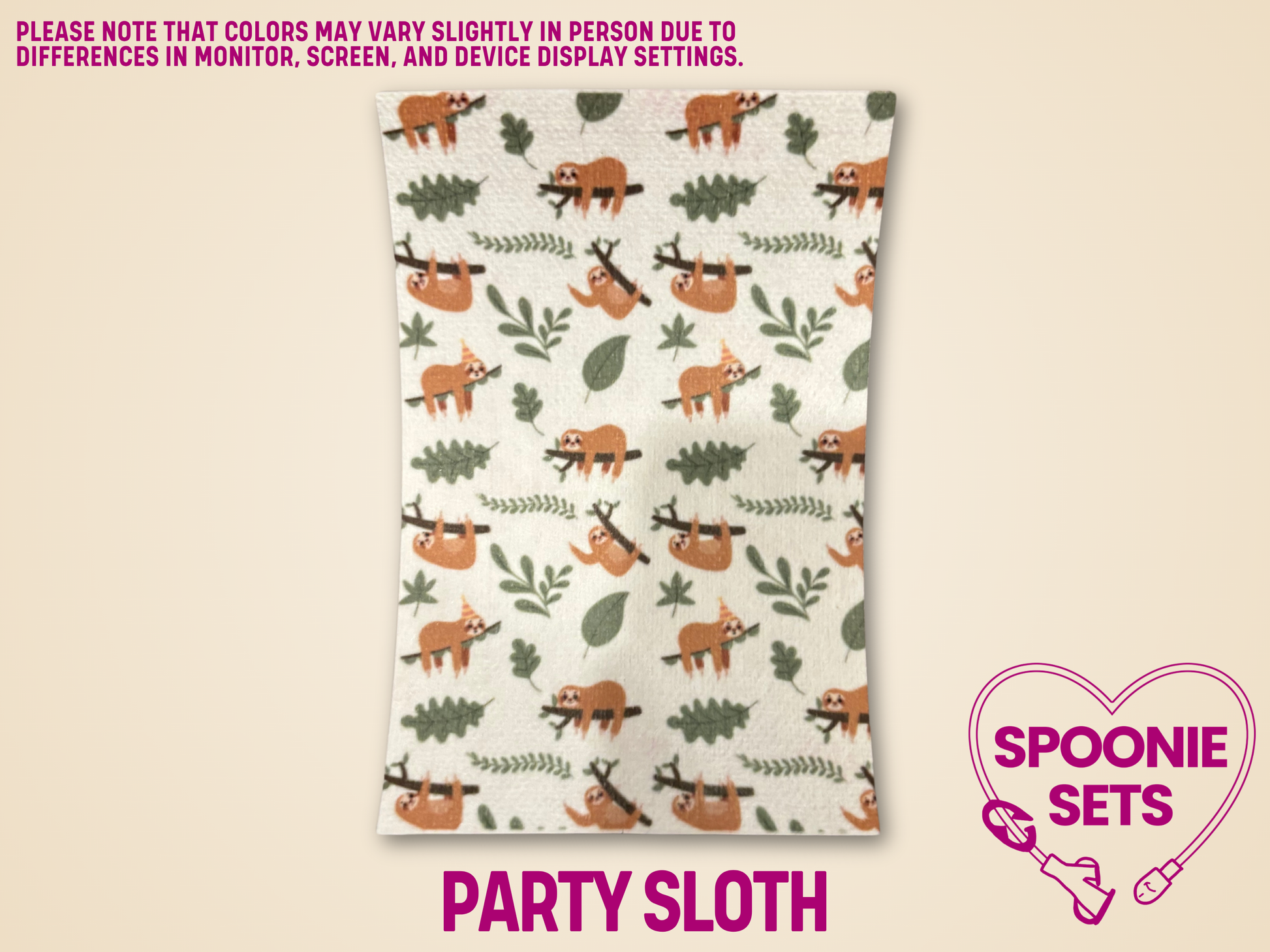 Hypafix tubie tape sheet with a repeating pattern of brown sloths wearing party hats and green leaves.