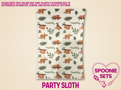 Hypafix tubie tape sheet with a repeating pattern of brown sloths wearing party hats and green leaves.