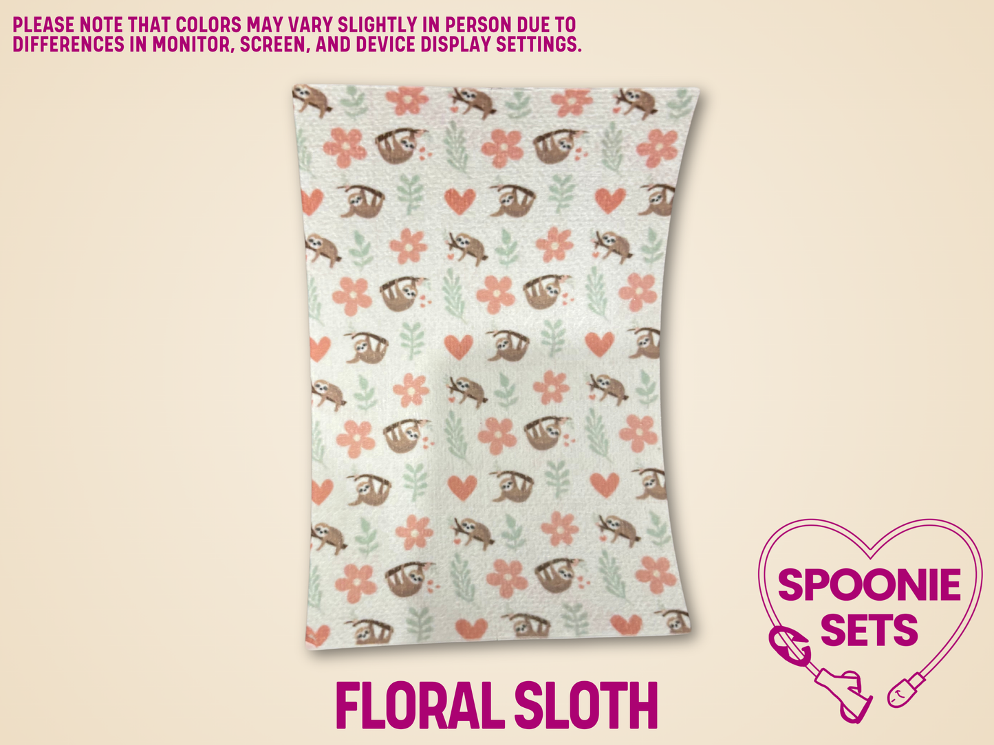 Floral sloth printed Hypafix tubie tape with brown sloths, pink flowers, and green leaves on a white background.