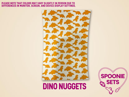 White Hypafix tubie tape sheet with orange dinosaur nugget pattern for medical devices.
