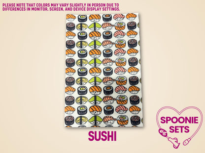 Decorative tubie tape with a colorful sushi roll pattern on white Hypafix tape.