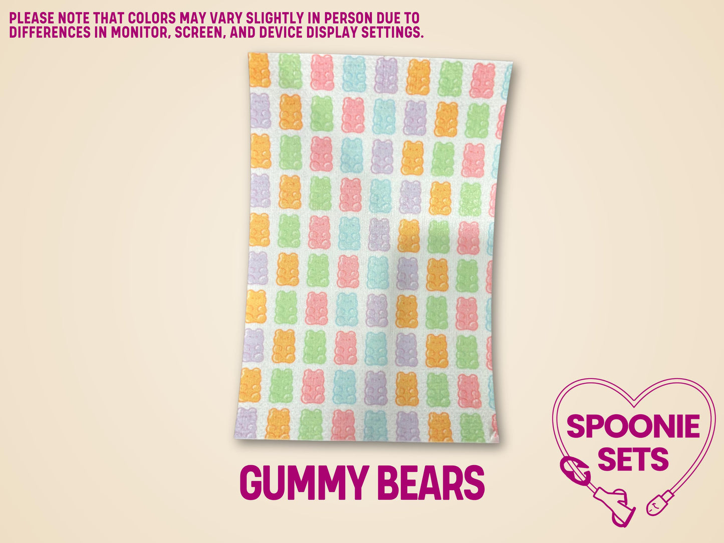 Decorative tubie tape sheet with a repeating pattern of colorful gummy bears in pastel shades.