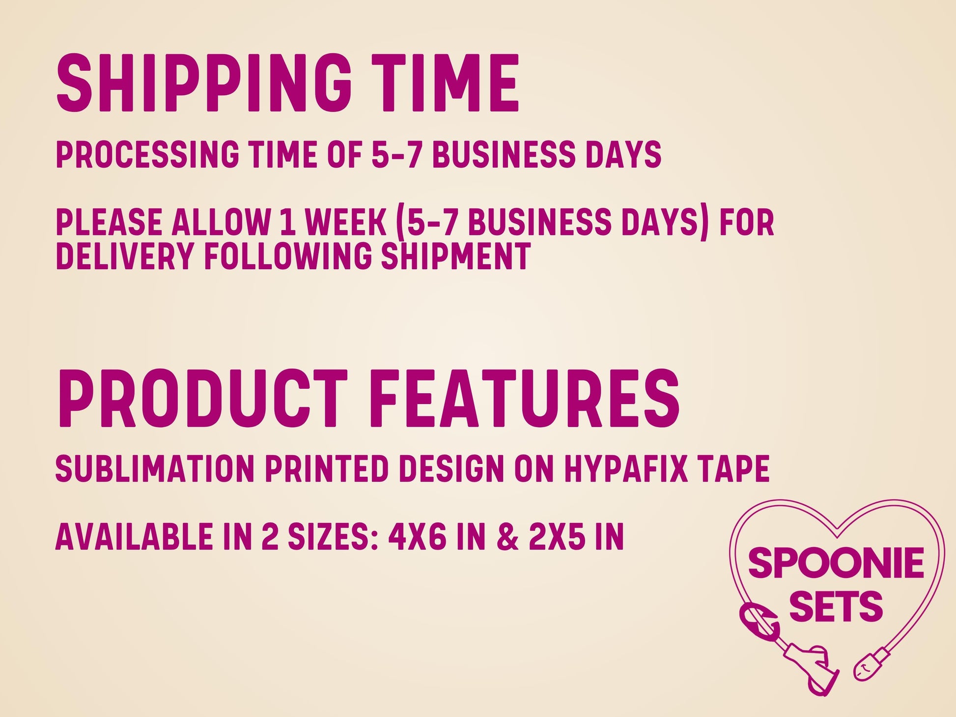 Pink text on a cream background detailing shipping time and product features for tubie tape.