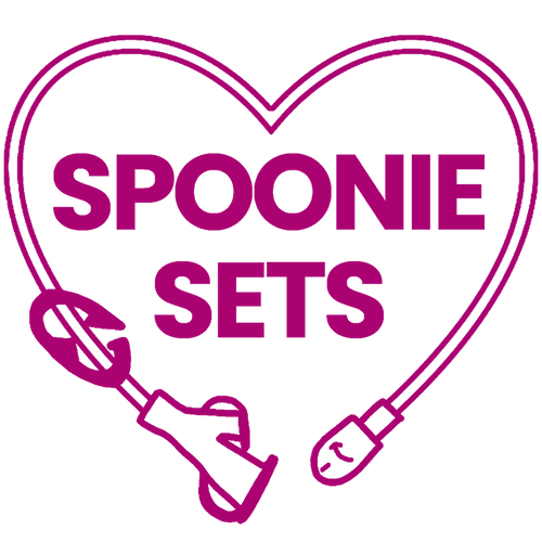 Logo with 'SPOONIE SETS' text inside a heart shaped feeding tube extension