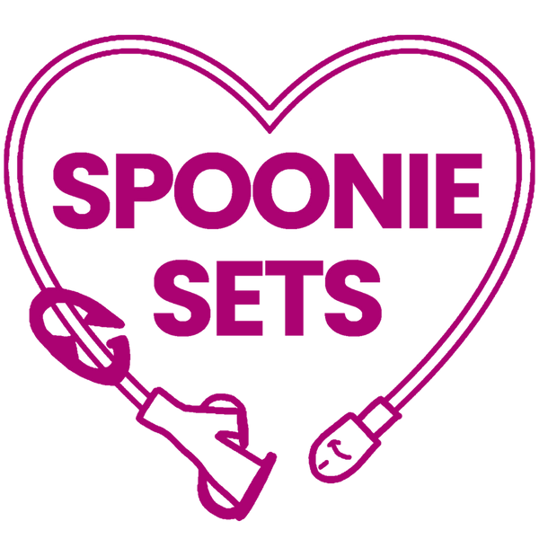Logo with 'SPOONIE SETS' text inside a heart shaped feeding tube extension